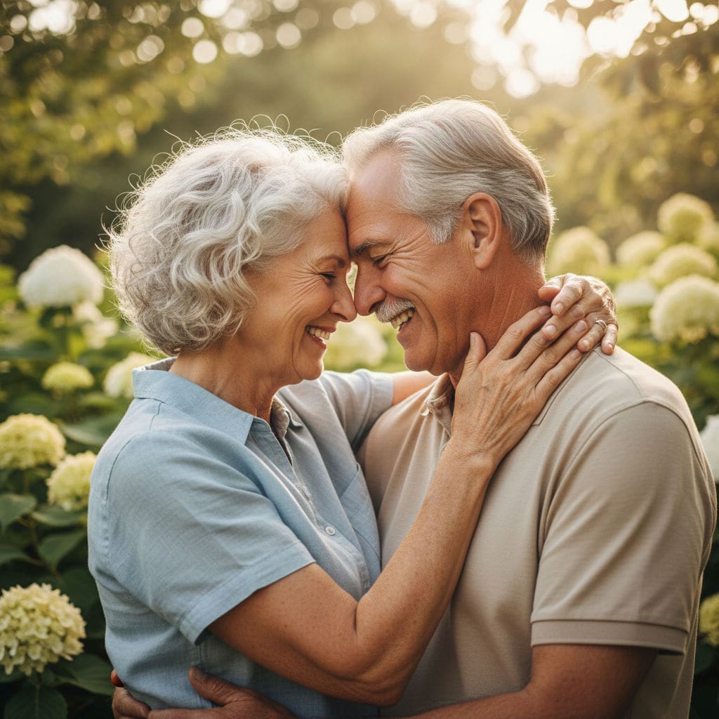 Retired Canadian couple laughing together in a park; enjoying the benefits of a Canadian pension plan.
