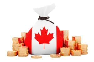 A bag of money and piles of coins in relation to transfer pricing and international business taxation for Canadian companies