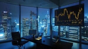 Home 2 #Jeremy Scott Tax Law a sleek, modern office with futuristic digital screens displaying fluctuating gold price graphs against a backdrop of an illuminated urban skyline, conveying the dynamic landscape of the canadian market.