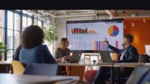 Home 2 #Jeremy Scott Tax Law a sleek, modern office setting features a diverse group of professionals animatedly discussing charts and graphs on a digital screen, illustrating the complex interplay between provincial sales tax and gst/hst in a vibrant, collaborative environment.