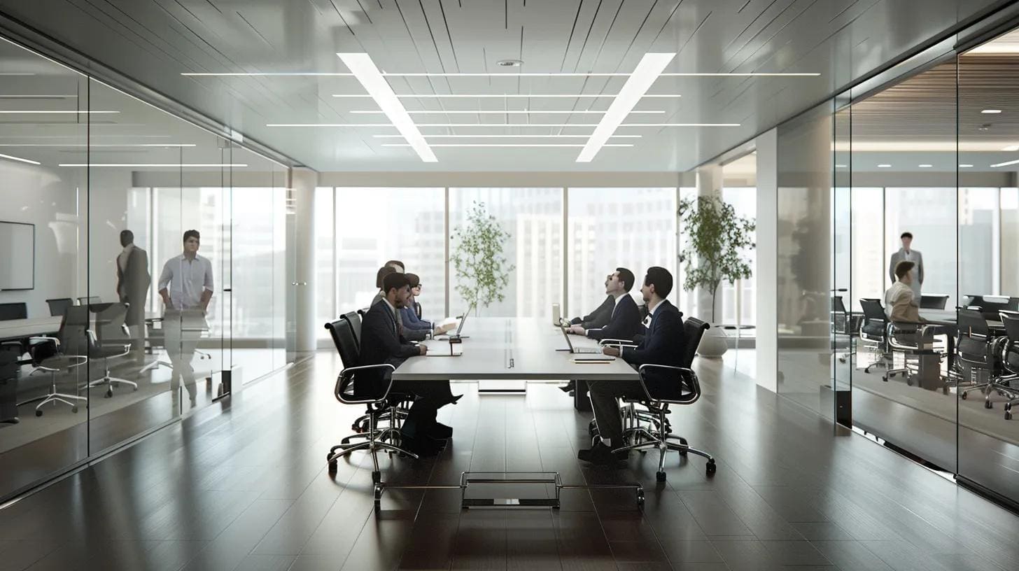 a focused meeting room filled with engaged professionals analyzing tax documents, showcasing a modern, sophisticated workspace designed for effective audit dispute resolution.
