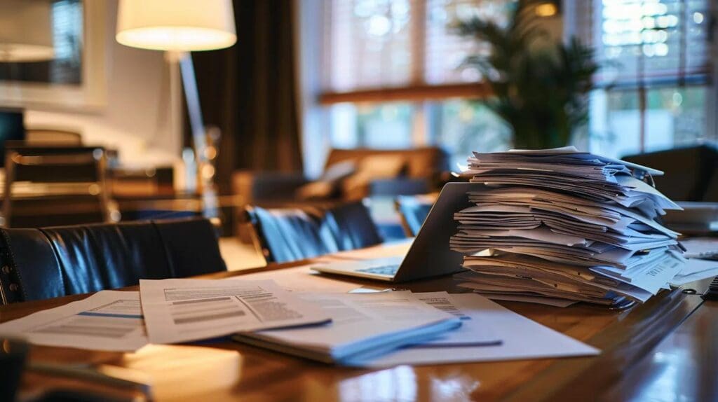 Practical Ways to Resolve Tax Audit Disputes 2 #Jeremy Scott Tax Law a focused office setting featuring a polished conference table piled with neatly organized paperwork and a laptop, capturing the essence of meticulous preparation for a tax audit.