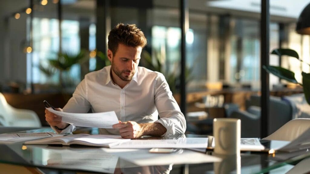 a focused business professional sits at a sleek, modern desk in a well-lit office, intently reviewing financial documents and tax forms, signaling a strategic approach to resolving tax audit disputes.