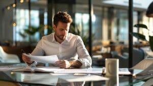 Home 2 #Jeremy Scott Tax Law a focused business professional sits at a sleek, modern desk in a well-lit office, intently reviewing financial documents and tax forms, signaling a strategic approach to resolving tax audit disputes.