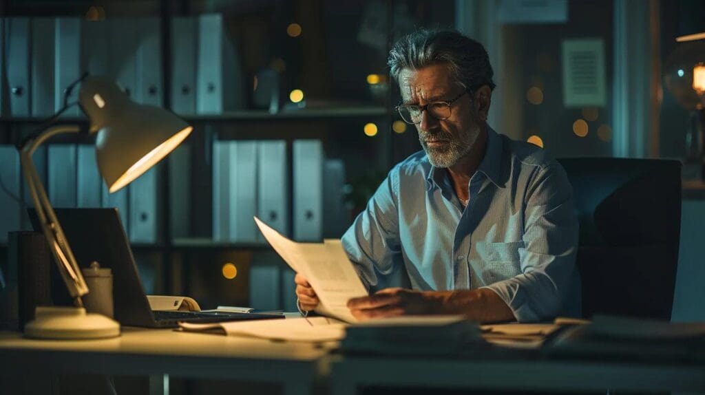 How Tax Audits Influence Financial Management Approaches 2 #Jeremy Scott Tax Law a focused office setting features a business professional reviewing financial documents with a contemplative expression, illuminated by the soft glow of desk lamps, emphasizing the gravity of tax audits and their impact on financial stability.