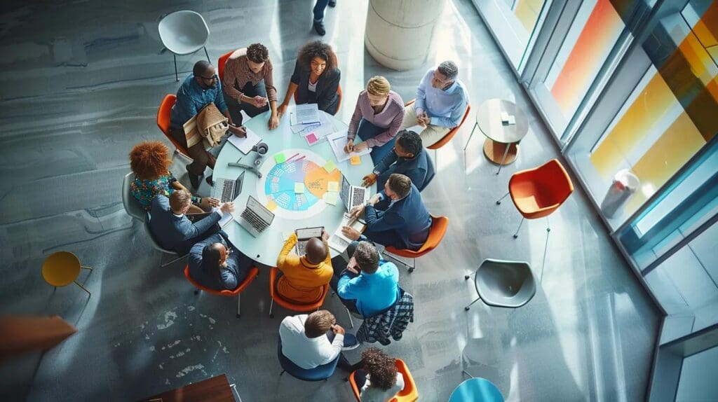 How Tax Audits Influence Financial Management Approaches 1 #Jeremy Scott Tax Law a modern office workspace features a diverse group of professionals engaged in a dynamic discussion over financial reports and digital projections, emphasizing the strategic impact of tax audits on business growth.