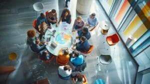 Home 2 #Jeremy Scott Tax Law a modern office workspace features a diverse group of professionals engaged in a dynamic discussion over financial reports and digital projections, emphasizing the strategic impact of tax audits on business growth.