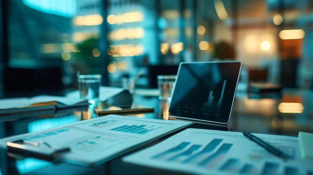 How Tax Audits Influence Financial Management Approaches 3 #Jeremy Scott Tax Law a focused business office setting features a sleek conference table cluttered with strategic financial documents and a digital tablet displaying charts, emphasizing the importance of proactive tax planning and efficient management in minimizing liabilities.