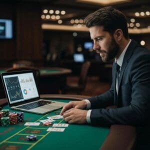 Gambling Tax Rates: Professional gambler analyzing strategies at a casino table, highlighting the serious nature of gambling as a business