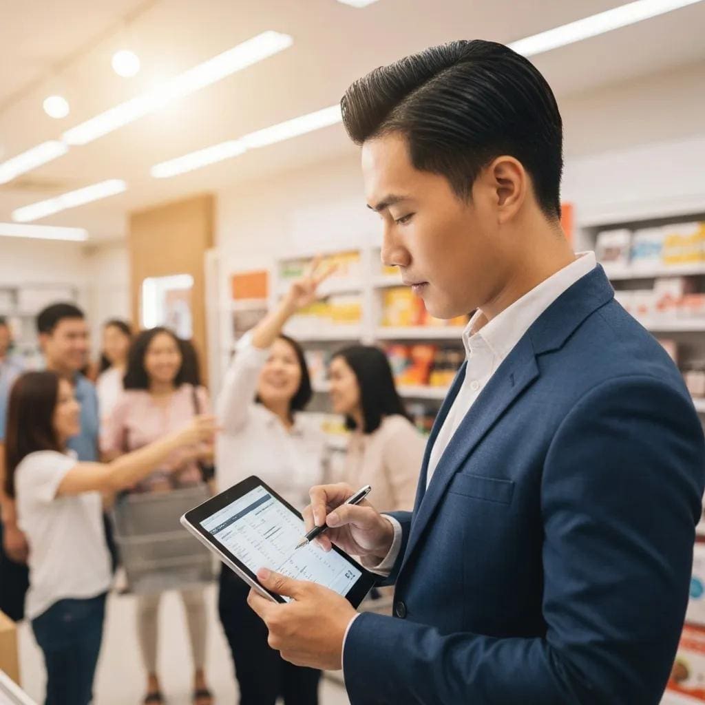 Business owner analyzing sales tax records in a retail environment