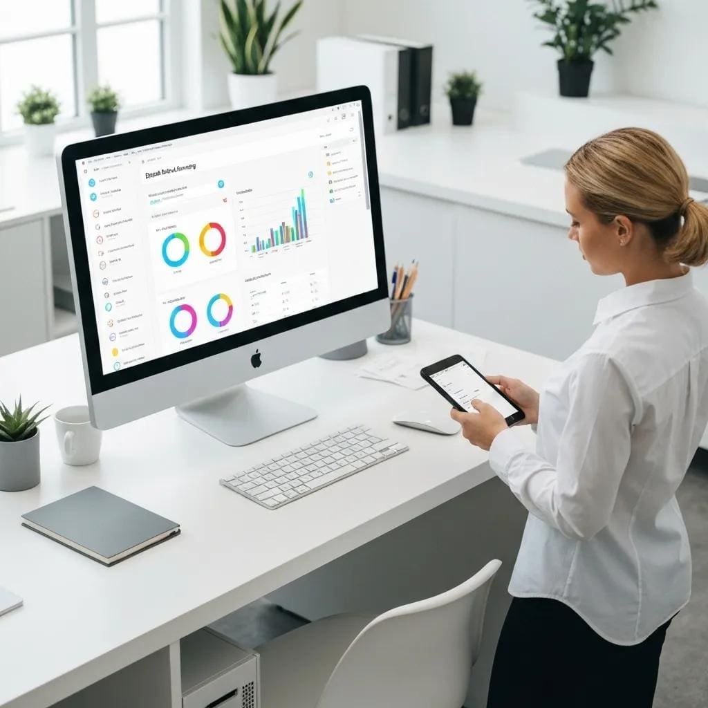 Modern workspace with digital record-keeping software on a computer screen and a person scanning receipts, illustrating the advantages of digital solutions for audits
