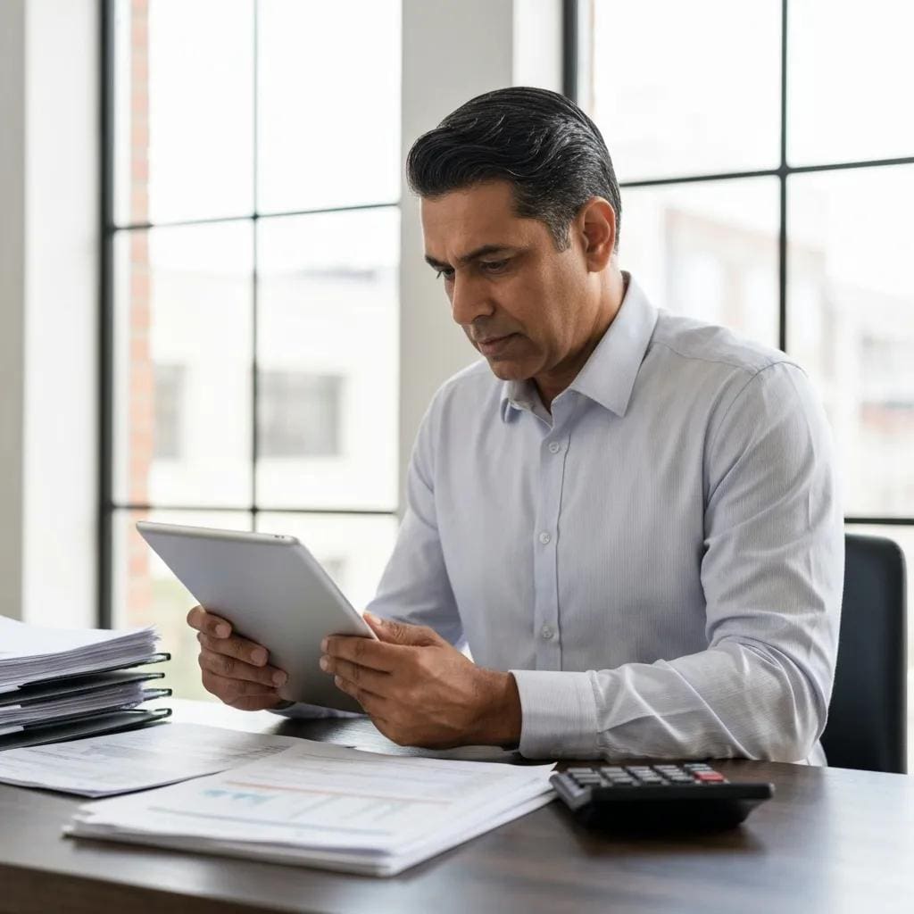 Business professional reviewing financial records on a tablet, highlighting the importance of accurate record-keeping for tax compliance