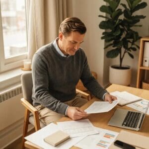 Business owner in a cozy office reviewing tax audit defense strategies