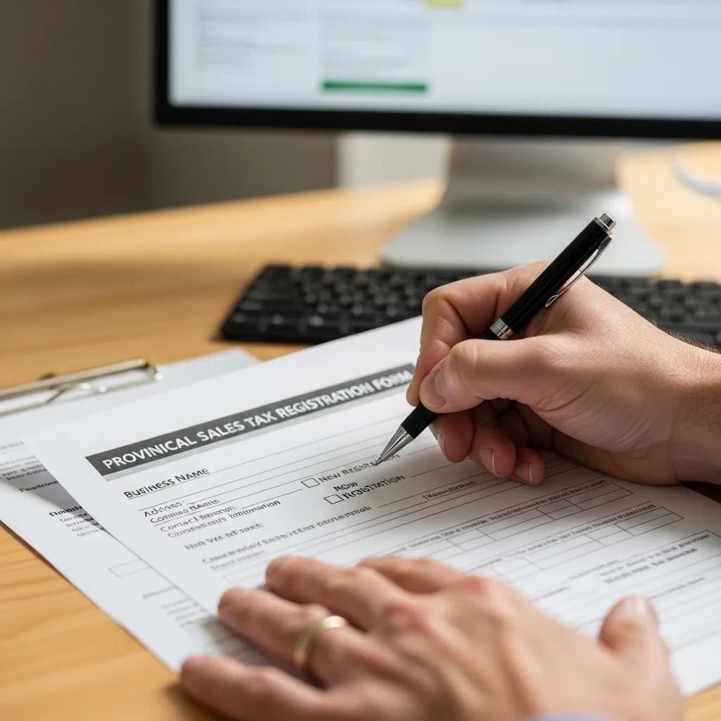 Business owner completing a provincial sales tax registration form