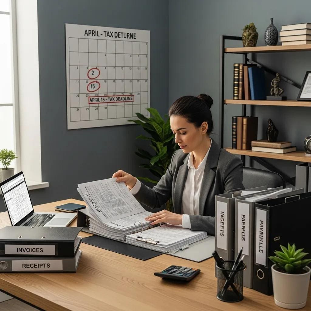 Business owner organizing GST/HST compliance documents in an office