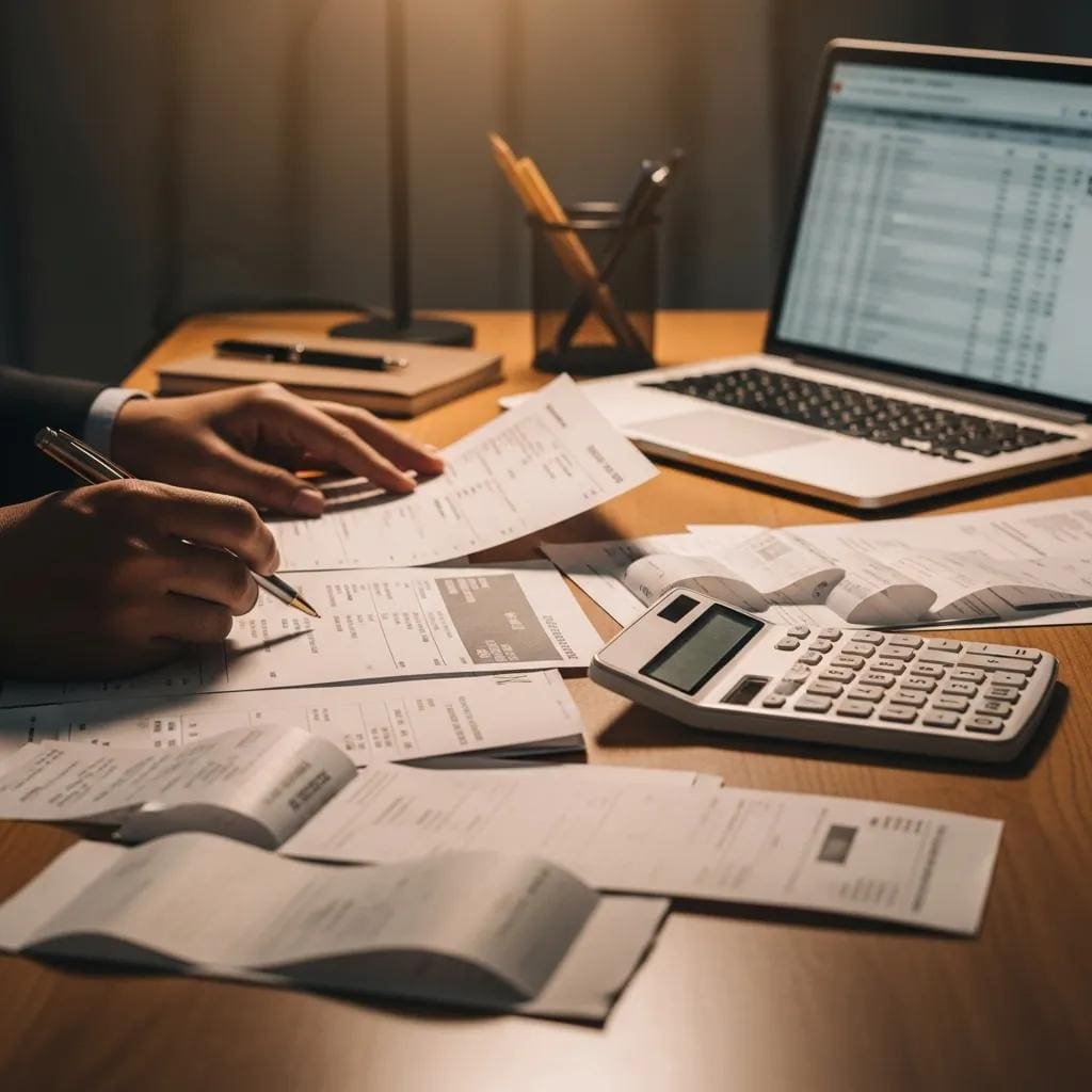 Business owner reviewing invoices and receipts for input tax credits