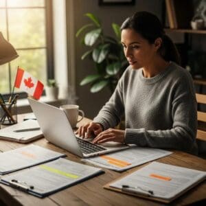 Canadian business owner reviewing GST/HST tax documents at a desk