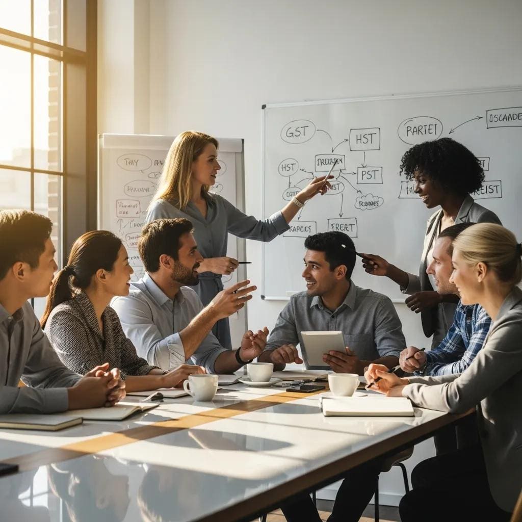Diverse business owners discussing Canadian indirect taxes in a modern office setting