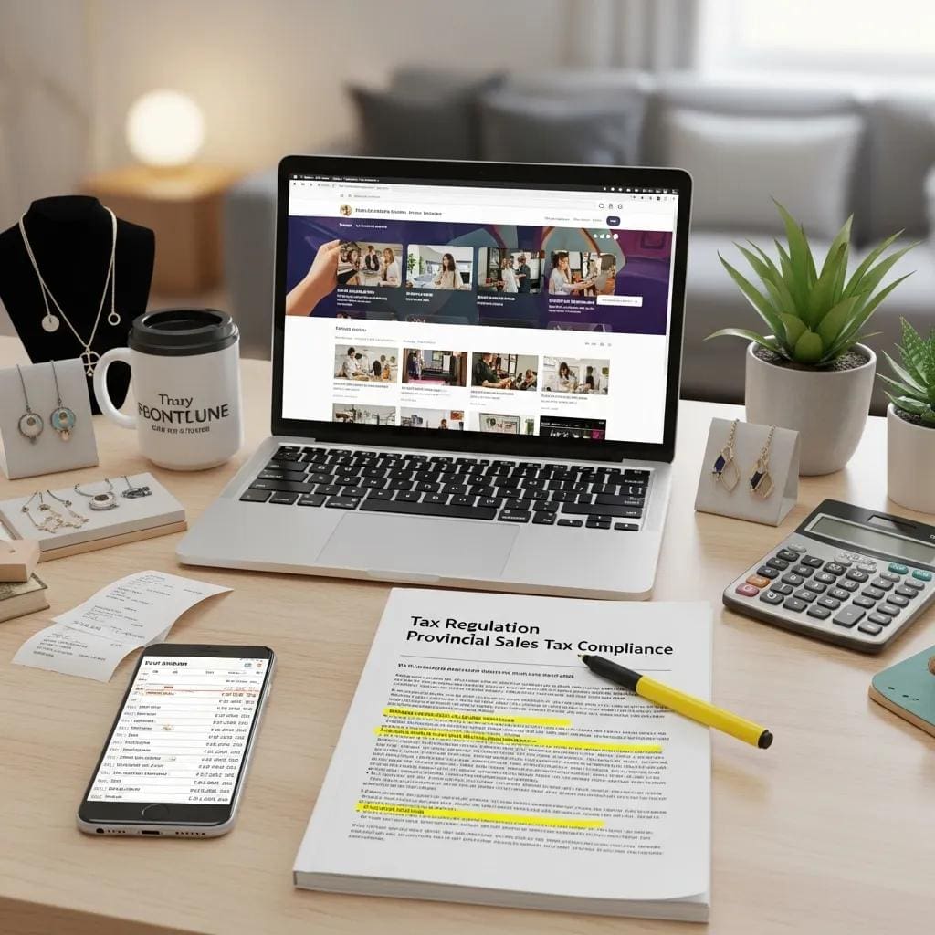 E-commerce business setup with products and a laptop showing an online store