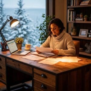 Cozy office scene with a Canadian business owner reviewing tax planning documents