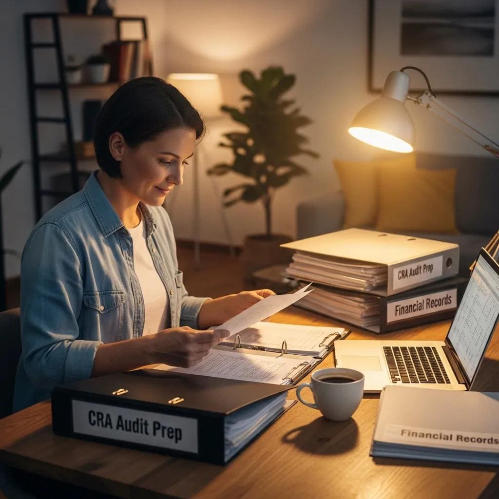 Business owner reviewing financial documents in a cozy office, emphasizing preparation for CRA tax audits