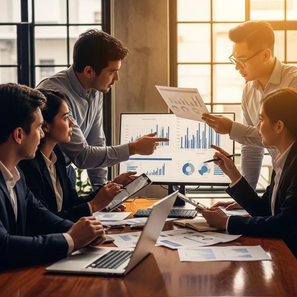 Business team analyzing financial reports to identify audit risk patterns