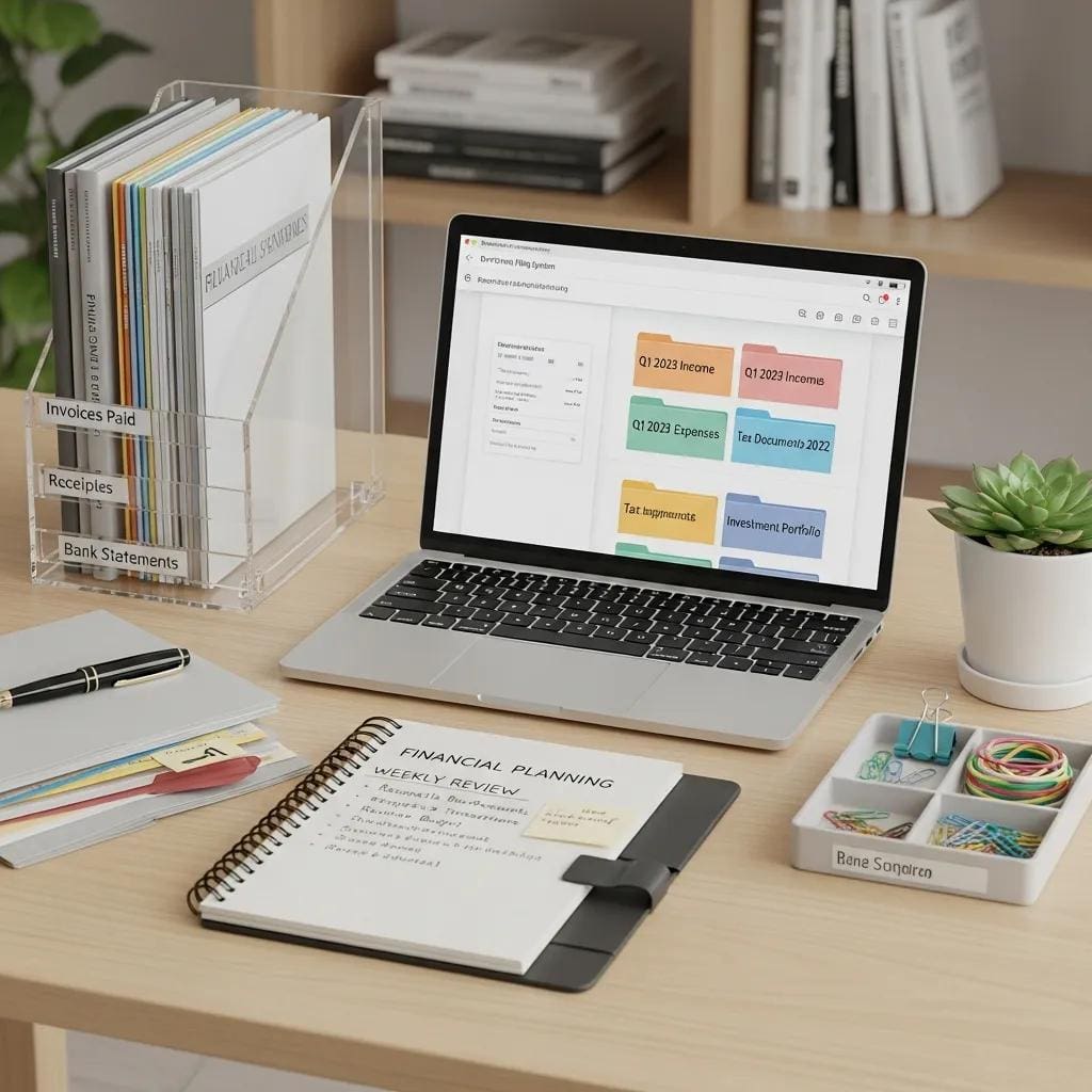Organized workspace with financial records and digital tools for effective record keeping