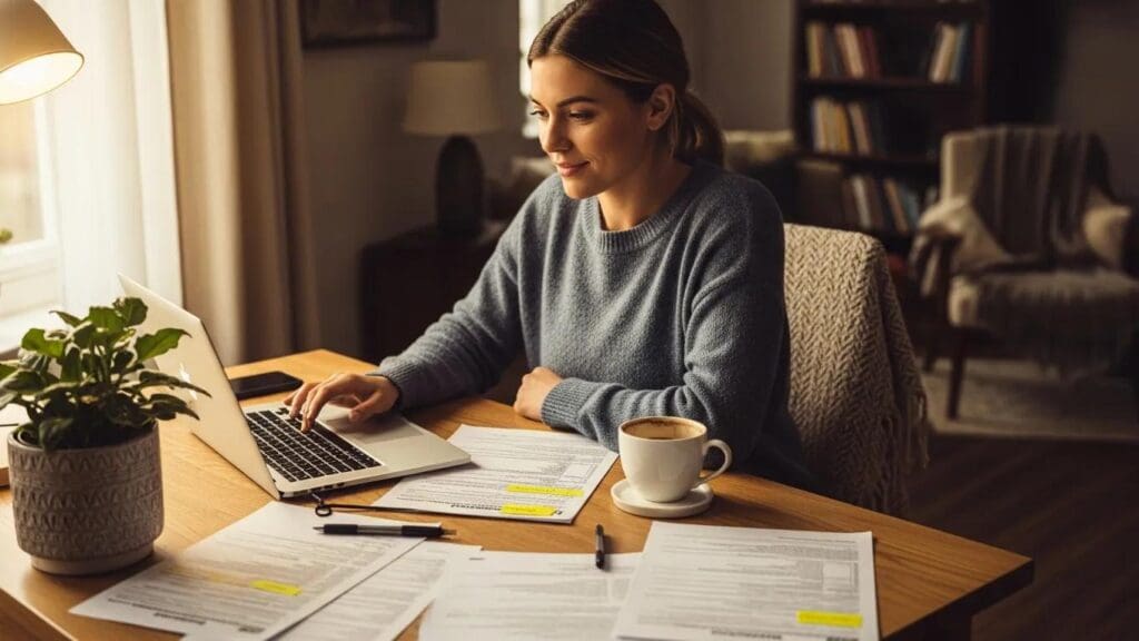 Cozy home office of a gig economy worker with tax documents and a laptop