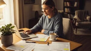 Cozy home office of a gig economy worker with tax documents and a laptop