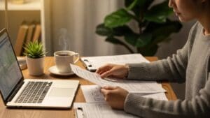 Cozy workspace with a person reviewing tax documents and financial papers