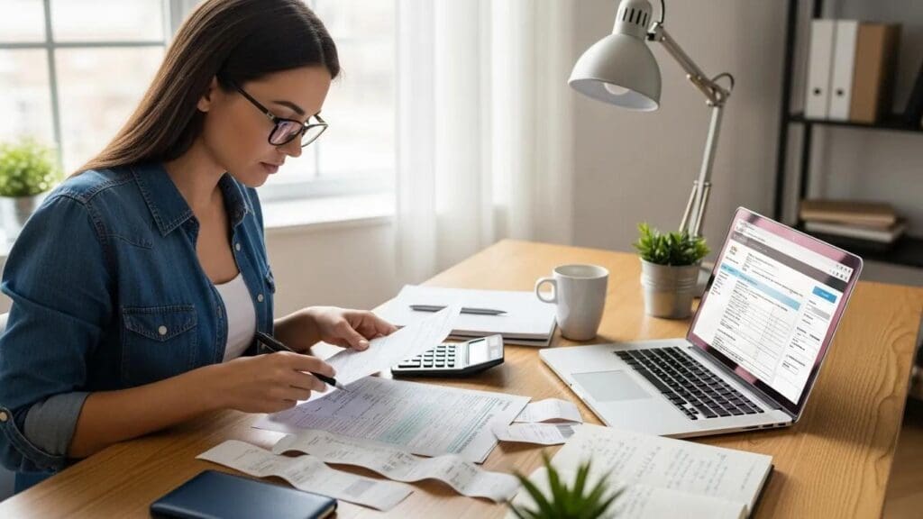 Freelancer reviewing tax documents and using a calculator at a desk