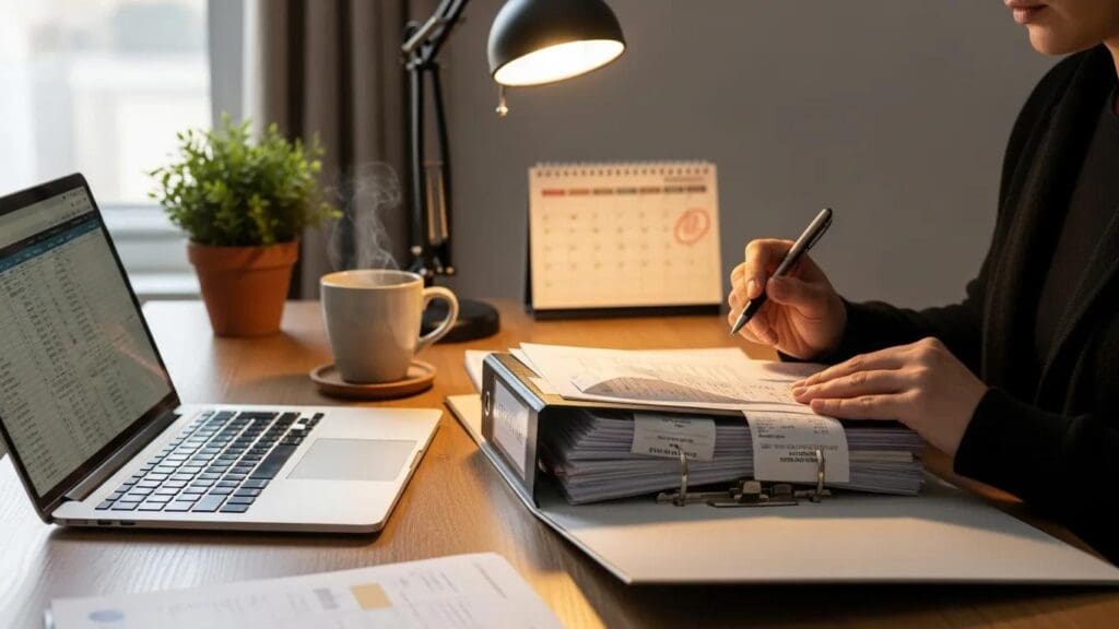 Gig worker organizing receipts and invoices for tax record keeping