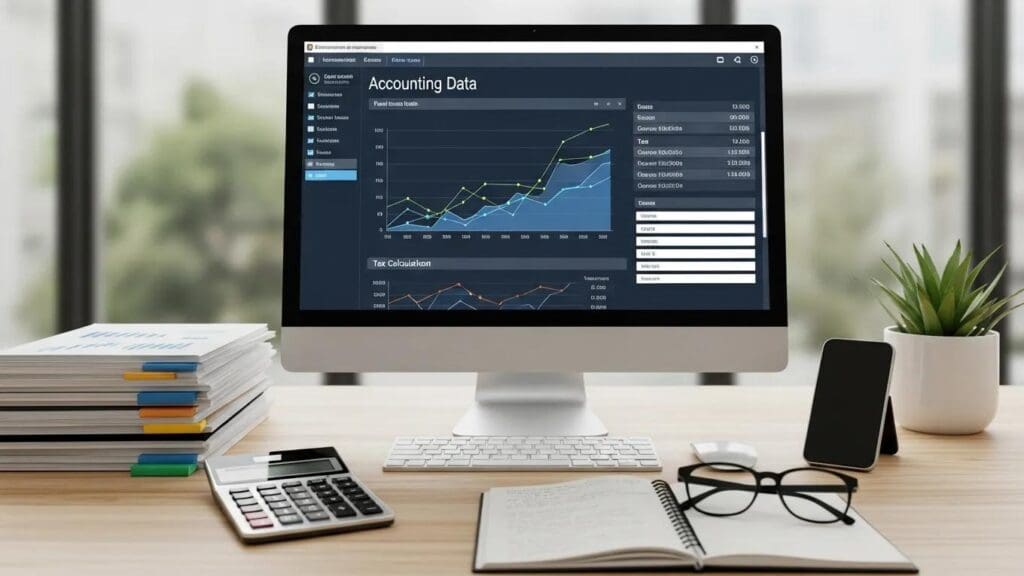 Modern workspace with accounting software and organized financial documents