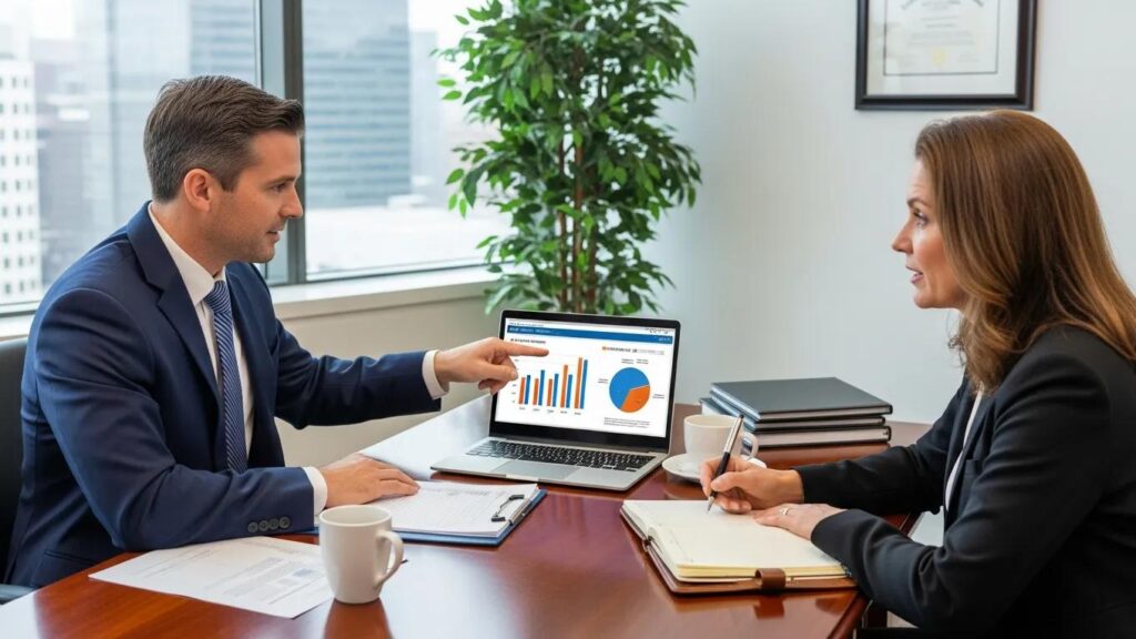 Tax consultant discussing strategies with a client in a professional setting