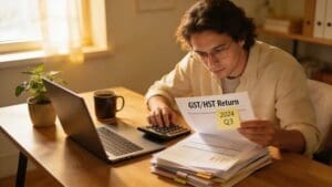 Small business owner reviewing GST/HST financial documents in a cozy office setting