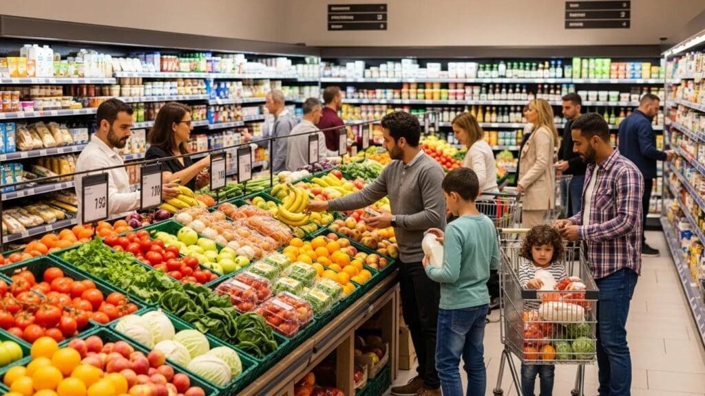 Grocery store aisle filled with fresh produce, illustrating zero-rated supplies under GST/HST