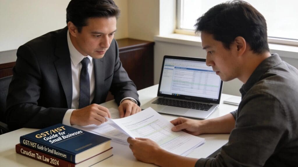 Legal professional reviewing tax compliance documents with a client in an office setting