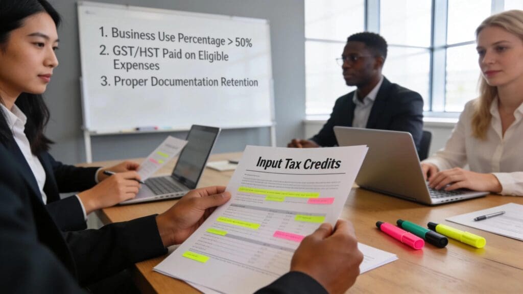 Professionals collaborating on Input Tax Credit eligibility in a modern office