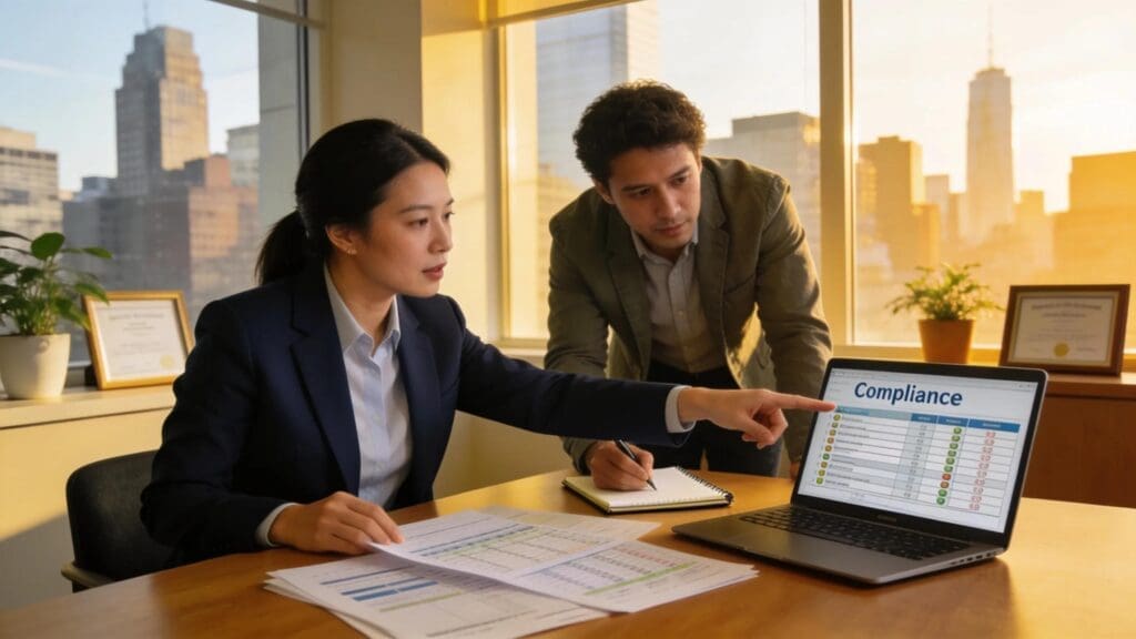 Tax consultant discussing compliance strategies with a small business owner in a modern office