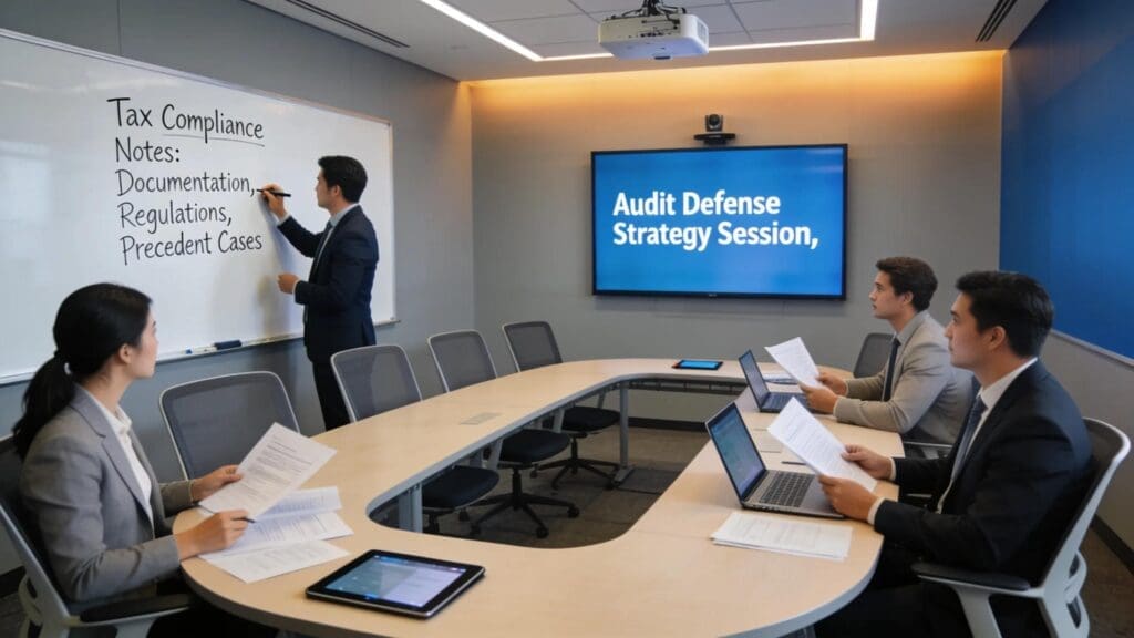 Team of tax professionals developing audit defense strategies in a conference room