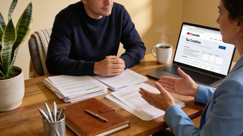 Canadian business owner at desk efficiently managing tax credits and paperwork