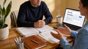 Canadian business owner at desk efficiently managing tax credits and paperwork