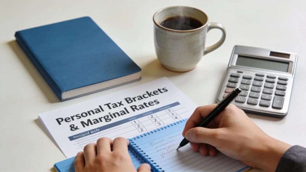 Individual reviewing tax brackets and marginal rates with a notebook and calculator on a desk