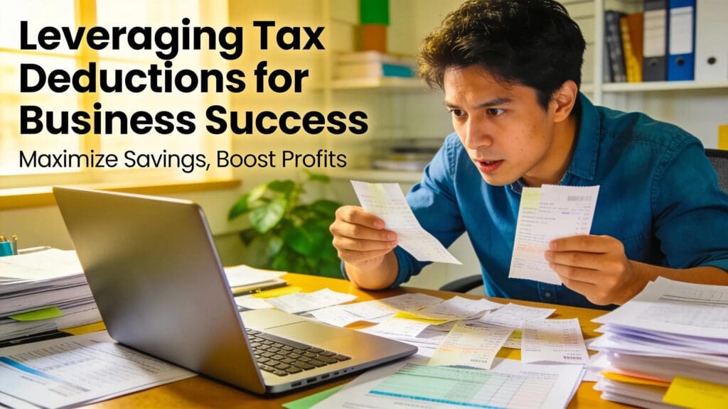 Small business owner analyzing tax deductions with documents and a laptop in their office