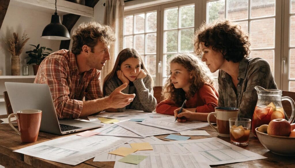 Family engaging in tax planning discussions around a dining table with financial documents and a laptop