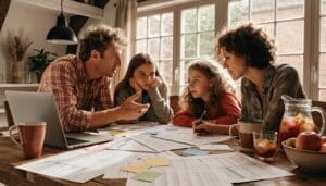 Family engaging in tax planning discussions around a dining table with financial documents and a laptop